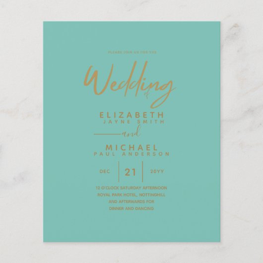 予算ティール(緑がかった色)モダン金ゴールドシンプル結婚式招待状 (正面)