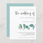 予算ティール（緑がかった色）ユーカリミニマル結婚式招待状 (正面/裏面)