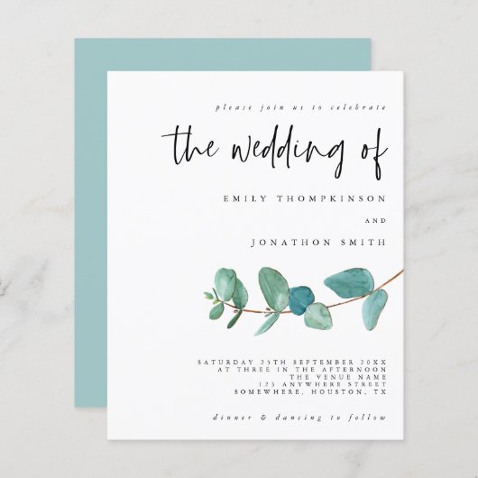 予算ティール（緑がかった色）ユーカリミニマル結婚式招待状 (正面/裏面)