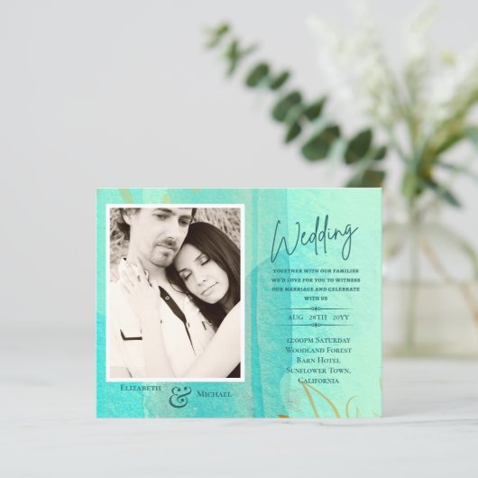 予算ティール(緑がかった色)抽象芸術写真の結婚式の招待 (スタンド正面)