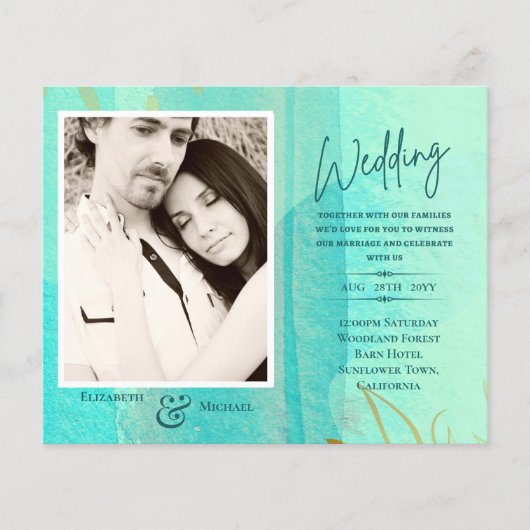 予算ティール(緑がかった色)抽象芸術写真の結婚式の招待 (正面)
