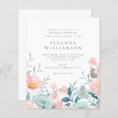 予算ティール（緑がかった色）水彩フローラブライダルシャワー招待状 (正面/裏面)