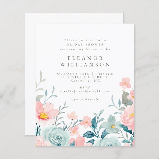 予算ティール（緑がかった色）水彩フローラブライダルシャワー招待状 (正面/裏面)