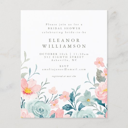 予算ティール（緑がかった色）水彩フローラブライダルシャワー招待状 (正面)
