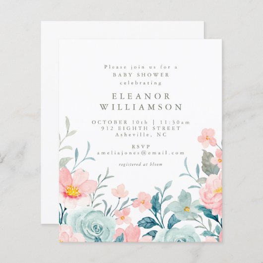 予算ティール（緑がかった色）水彩フローラベビーシャワー招待状 (正面/裏面)