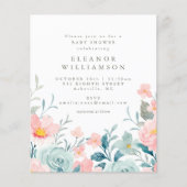 予算ティール（緑がかった色）水彩フローラベビーシャワー招待状 (正面)