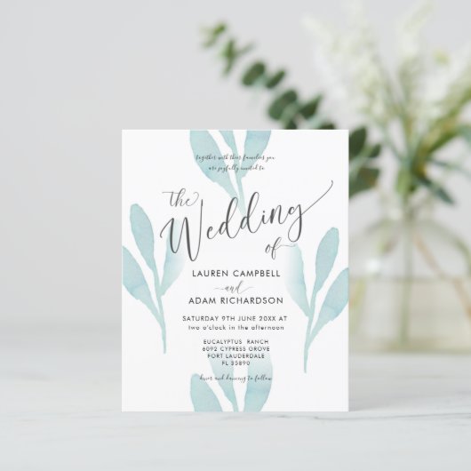 予算ティール（緑がかった色）水彩結婚式招待状 (スタンド正面)