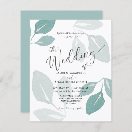 予算ティール（緑がかった色）水彩結婚式招待状 (正面/裏面)