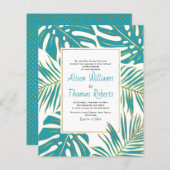 予算ティール（緑がかった色）熱帯葉結婚式招待状 (正面/裏面)