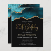 予算ティール（緑がかった色）金ゴールドアゲート80th誕生日招待状 (正面/裏面)