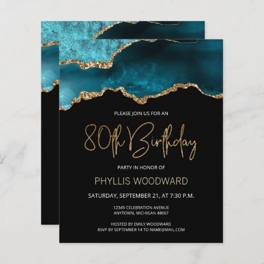 予算ティール（緑がかった色）金ゴールドアゲート80th誕生日招待状 (正面/裏面)