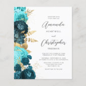 予算ティール(緑がかった色)金ゴールドフローラQRコード結婚式の招待 (正面)