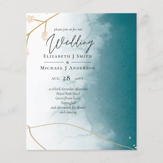 予算ティール（緑がかった色）金ゴールド抽象芸術結婚式の招待 (正面)