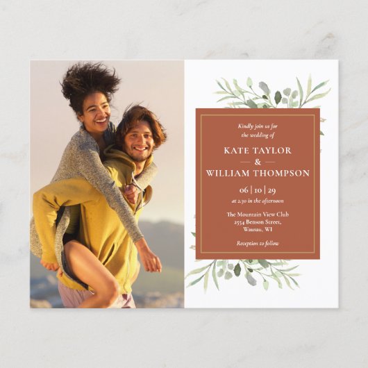 予算テラコッタグリーンレジの写真結婚式の招待 (正面)