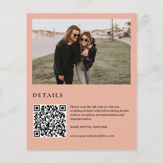 予算テラコッタフォトQRウェブサイトの結婚式の招待 (裏面)