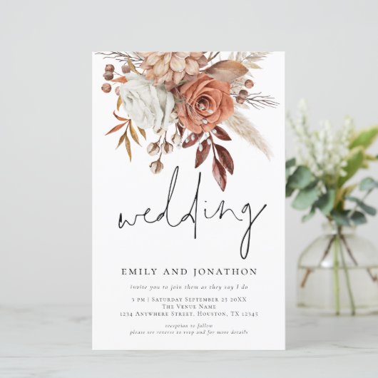 予算テラコッタ花模様スクリプト結婚式の招待 (スタンド正面)