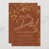 予算テラコッタ金ゴールド結婚式の日付を保存 招待状 (正面/裏面)