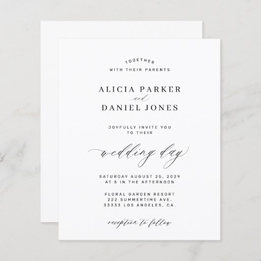 予算テンプレート白黒結婚式招待状 (正面/裏面)