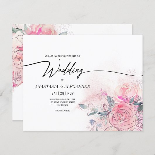 予算デリケートなフローラ結婚式招待状。 (正面/裏面)