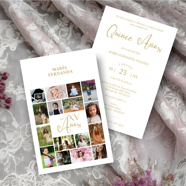 予算トレンディーコラージュ15アニオス16枚の写真スペインの (Inexpensive Cheap Trendy Collage 15 Años 16 Photos Spanish Quinceañera Time Life Invitation Card.)