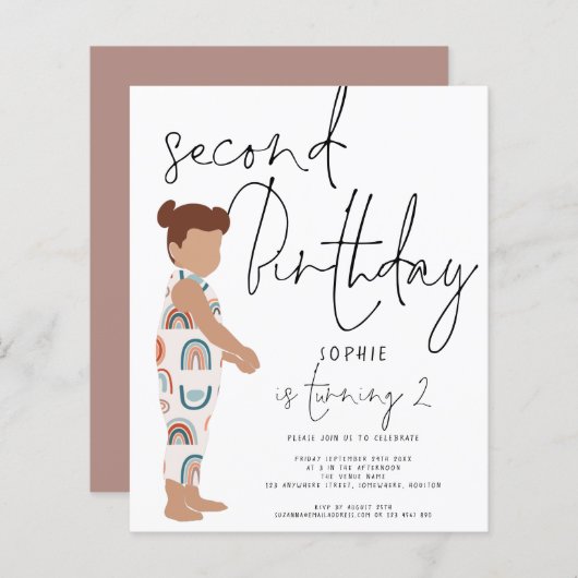 予算トレンディースクリプトガール2nd誕生日招待状 (正面/裏面)