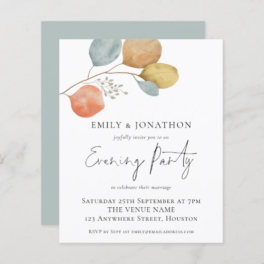 予算トレンディー葉の結婚夕べパーティー招待状 (正面/裏面)