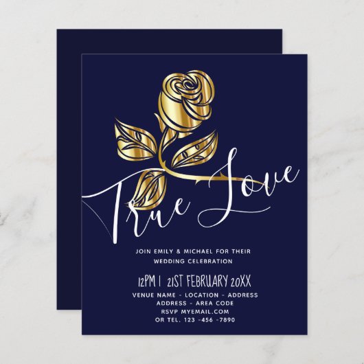 予算トレンド真の愛の金ゴールドバラ結婚式の招待 (正面/裏面)
