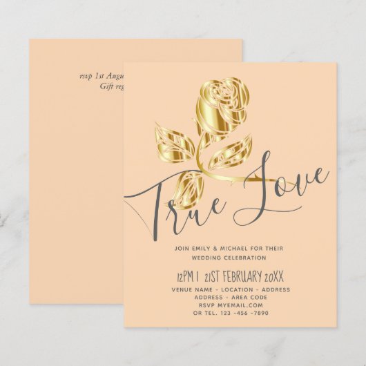 予算トレンド真の愛の金ゴールドバラ結婚式の招待 (正面/裏面)