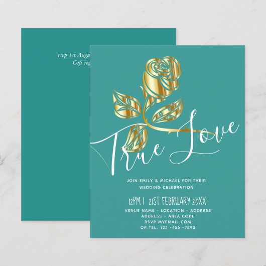 予算トレンド真の愛の金ゴールドバラ結婚式の招待 (正面/裏面)