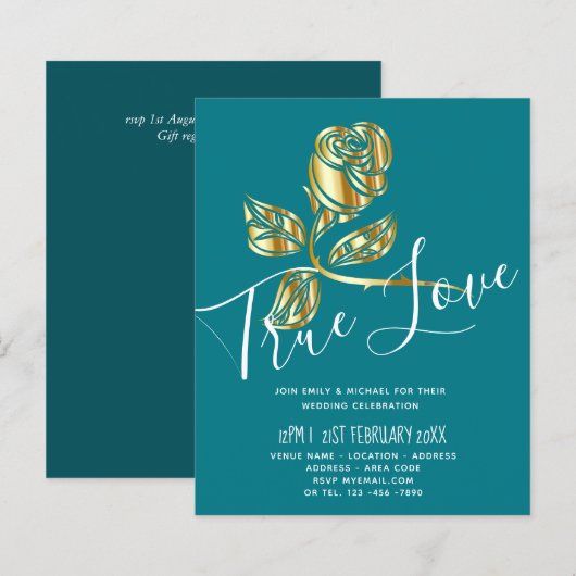 予算トレンド真の愛の金ゴールドバラ結婚式の招待 (正面/裏面)