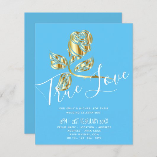 予算トレンド真の愛の金ゴールドバラ結婚式の招待 (正面/裏面)