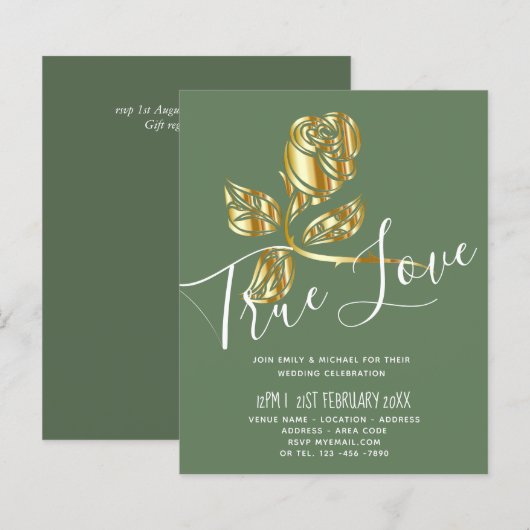 予算トレンド真の愛の金ゴールドバラ結婚式の招待 (正面/裏面)