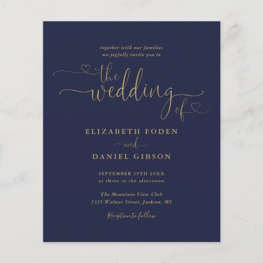 予算ネイビーと金ゴールドハートスクリプト結婚式の招待 (正面)