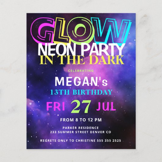 予算ネオングロー10代の誕生日パーティーの招待 (正面)