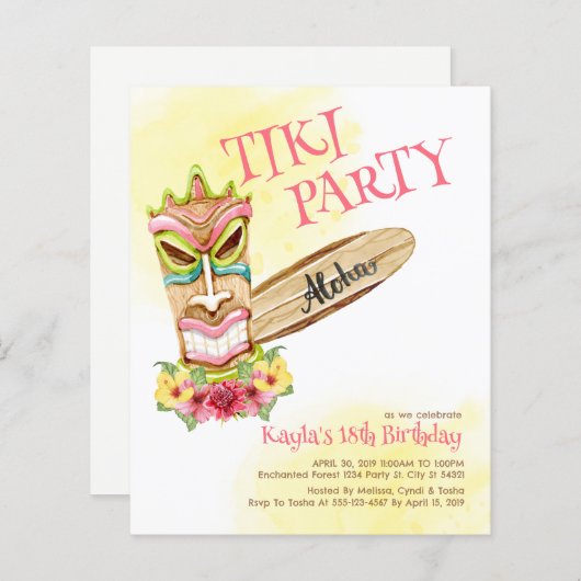 予算ハワイアンティキパーティの招待状 (正面/裏面)