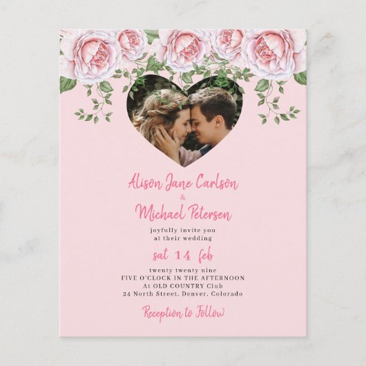 予算ハートフォトピンクフローラ結婚式招待状 チラシ (正面)