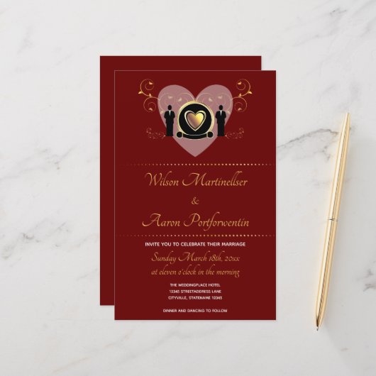 予算ハートブルゴーニュLGBTQ結婚式招待状 (正面/裏面インサイチュ)