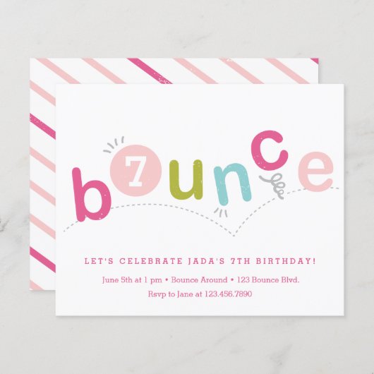 予算バウンスキッズエイジバースデーパーティーの招待 (正面/裏面)