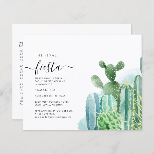 予算バチェロレッテ週末パーティーの旅程招待状 (正面/裏面)