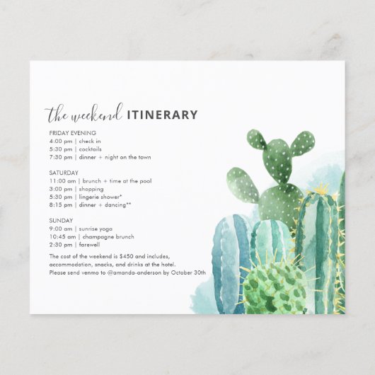 予算バチェロレッテ週末パーティーの旅程招待状 (裏面)