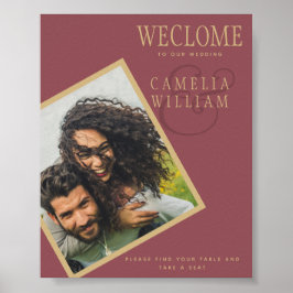 予算バラピンク結婚金ゴールドの写真ウェルカムサイン ポスター