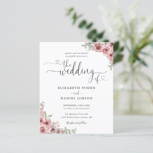 予算バラフローラスクリプトフォト結婚式招待状 (スタンド正面)