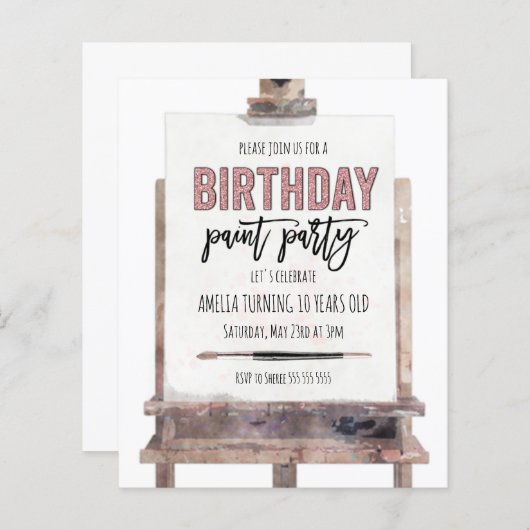 予算バラ金ゴールドイーゼル絵を描子供の誕生日招待状 (正面/裏面)