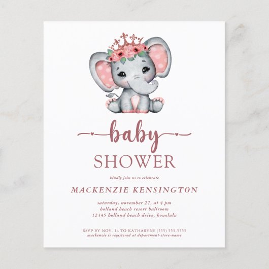 予算バラ金ゴールドグリッターエレファントベビーガールフライヤー チラシ (正面)