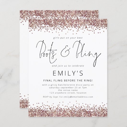 予算バラ金ゴールドグリッターバチェロレッテディスコ招待状 (正面/裏面)