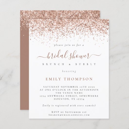 予算バラ金ゴールドグリッターブライダルシャワー招待 (正面/裏面)