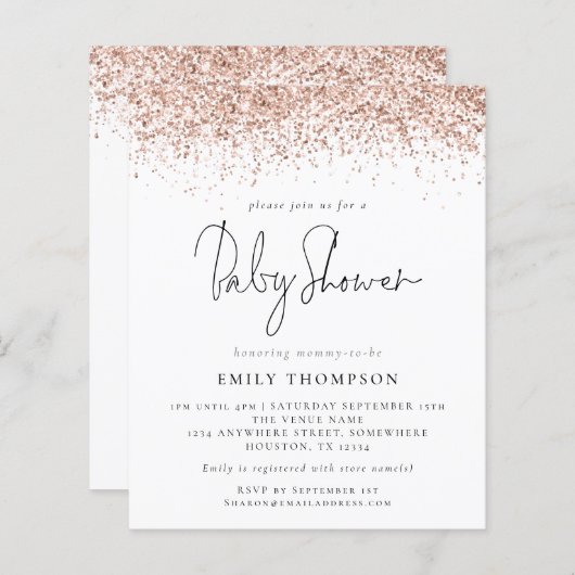 予算バラ金ゴールドグリッターベビーシャワー招待状 (正面/裏面)