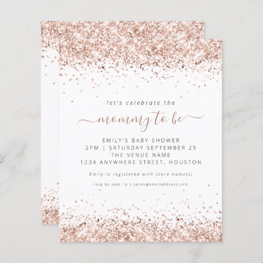 予算バラ金ゴールドグリッターベビーシャワー招待状 (正面/裏面)