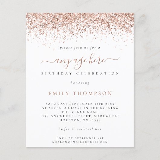 予算バラ金ゴールドグリッター任意の年齢誕生日招待状 (正面)