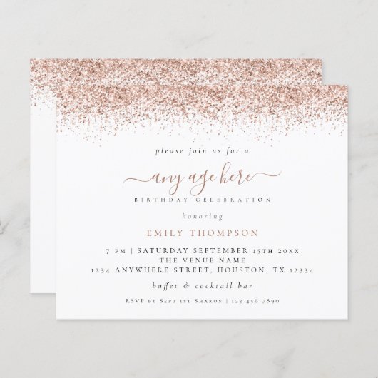 予算バラ金ゴールドグリッター任意の年齢誕生日招待状 (正面/裏面)